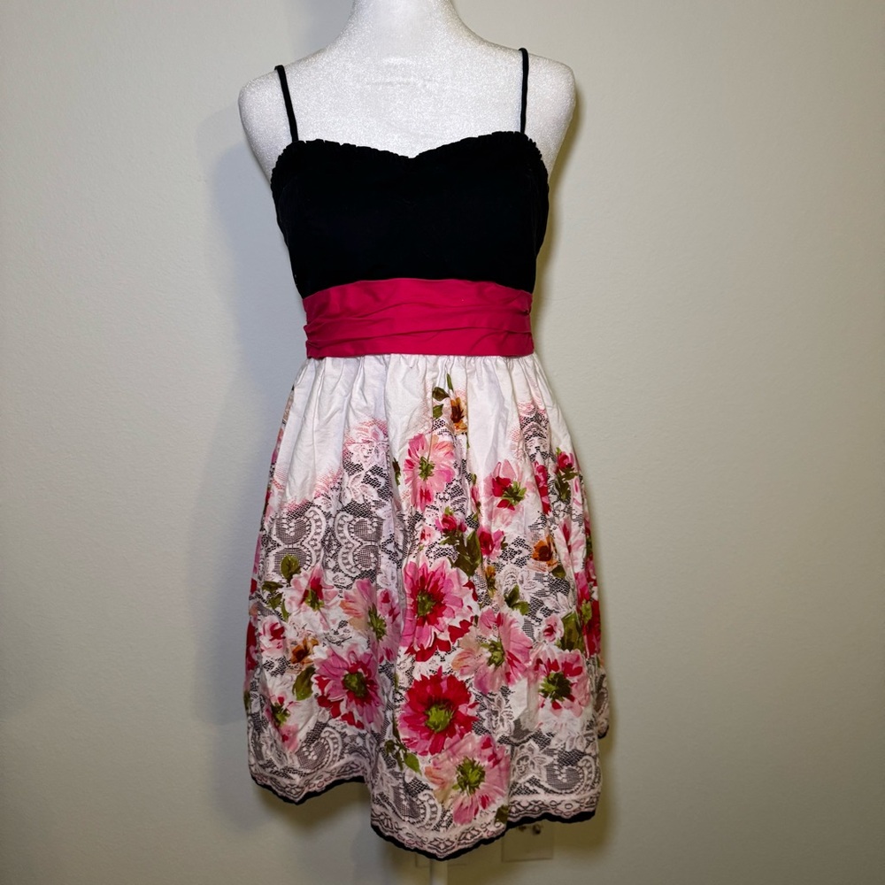 Floral Dress with Black Top and Pink Waistband